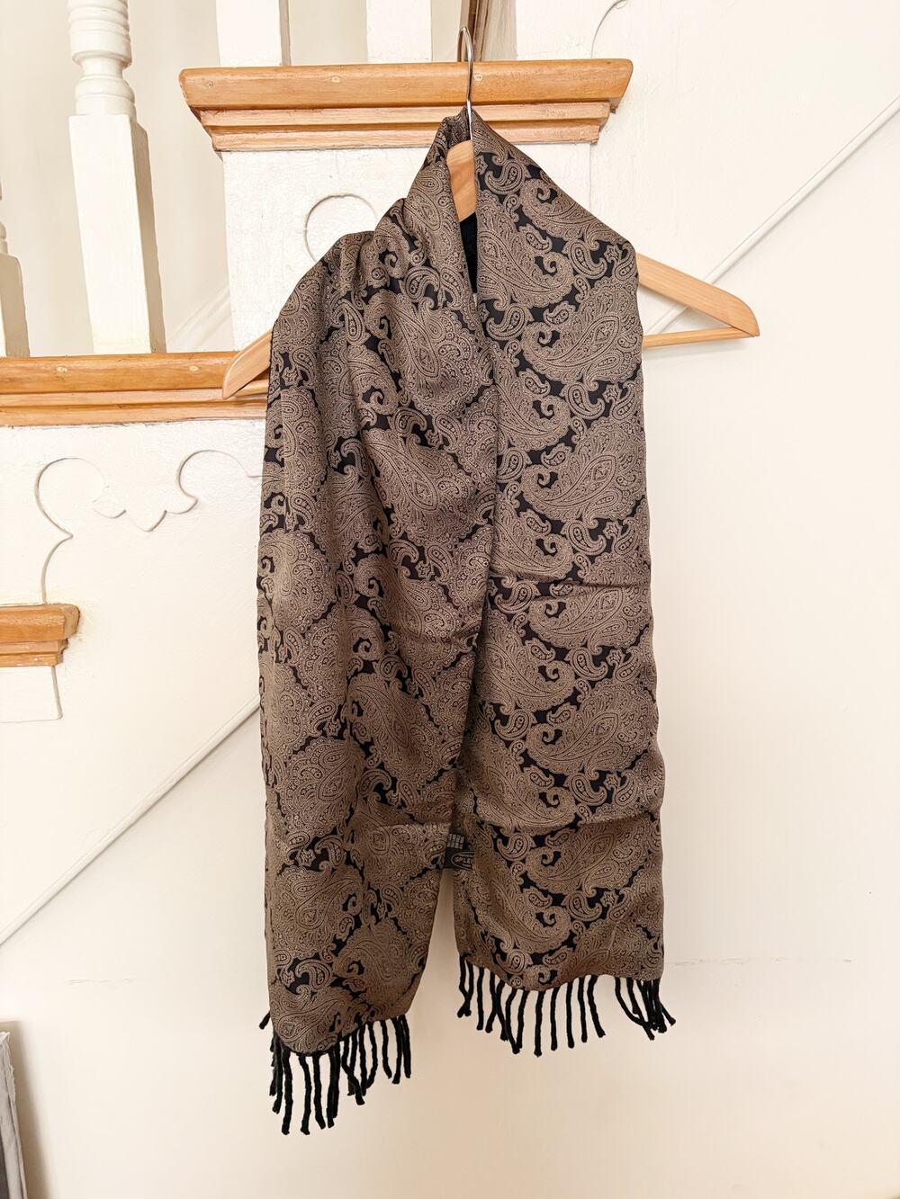 Splendore Reversible Silk Wool Scarf Made Italy Brown Black Paisley Fringe Wrap
